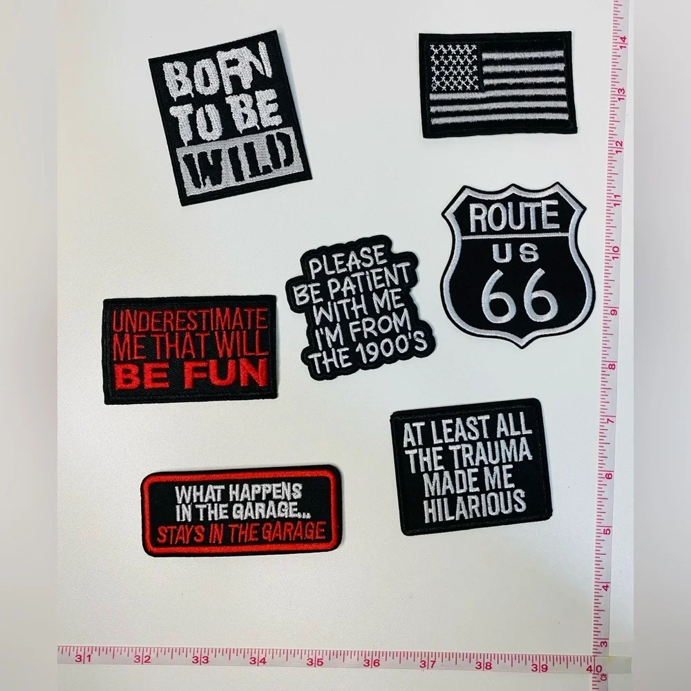 Lot of 7 funny embroidered iron on patches, flag, gift for men, DIY project